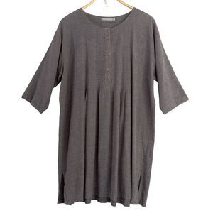 Two Danes Top Tunic Womens MED Gray Button Pleated Oversized Pintuck Lagenlook